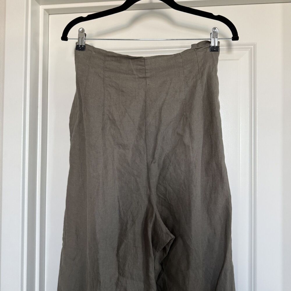 Zara 100% linen wide leg XL paper bag trouser belted olive green summer - Picture 6 of 13